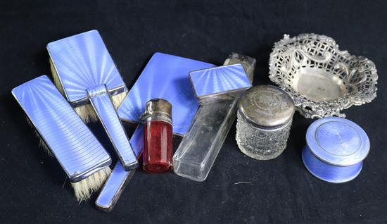 A Scandinavian silver and blue guilloche enamel toilet box and eight other items including brush set, scent bottle and dish.